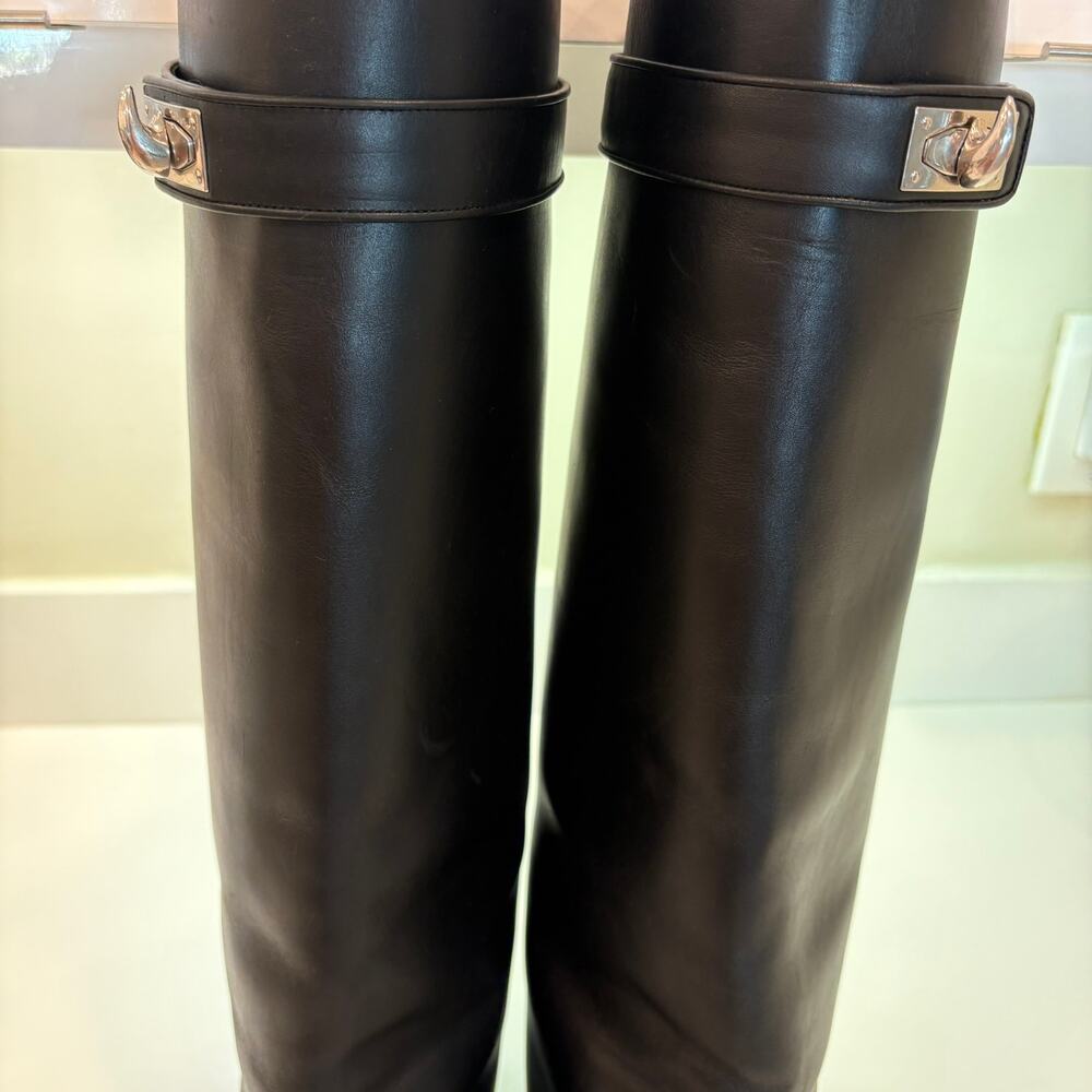 Givenchy Black Leather Knee-High Wedge Boots with Buckle Detail - Picture 11 of 16
